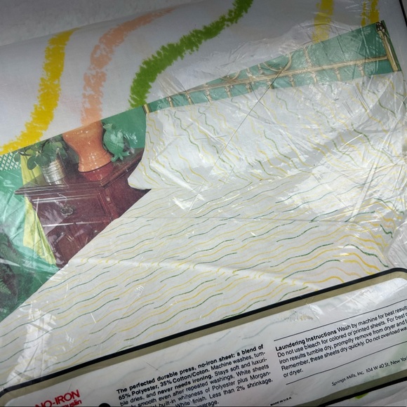 Vintage Morgan Jones Double Flat Sheet White Waves Lines Yellow Green Muslin NIP - Picture 5 of 7